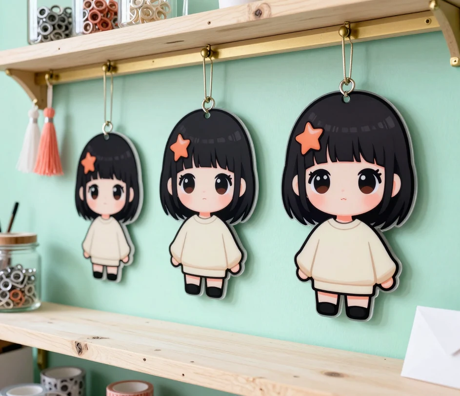 Tre blanke akryl-chibi-charms af den samme pige med sort pagehår, hængende i en stigende række på en messingstang, fra lille blød skygge til et stort skarpt print