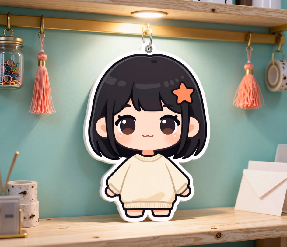 Ein großer Acryl-Chibi-Anhänger im Scheinwerferlicht an einer mintfarbenen Wand, präzise Haarsträhnen und geschichtete Acryltiefe auf der Master-Stufe