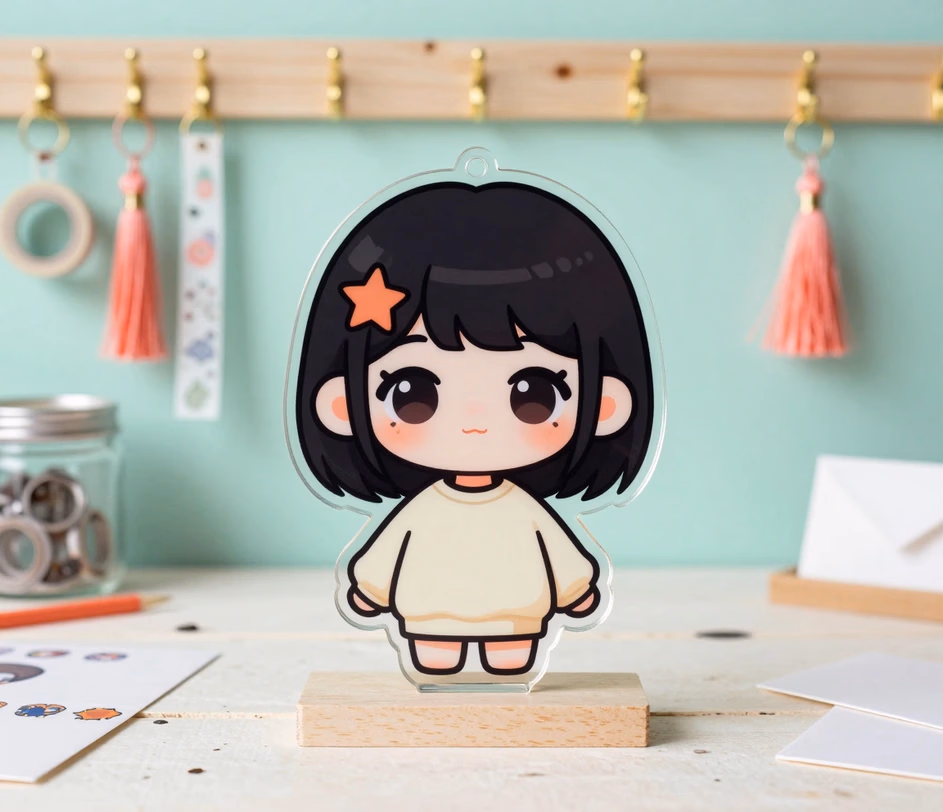 Ein mittelgroßer Acryl-Chibi-Anhänger auf einem Holzständer, hellere Augenlichter und sauberere Linienführung auf der Pro-Stufe