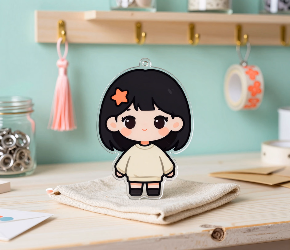 Ein einzelner Acryl-Chibi-Anhänger auf gefaltetem Leinen, übergroßer Kopf und große Augen mit einfacher weicher Schattierung auf der Standard-Stufe