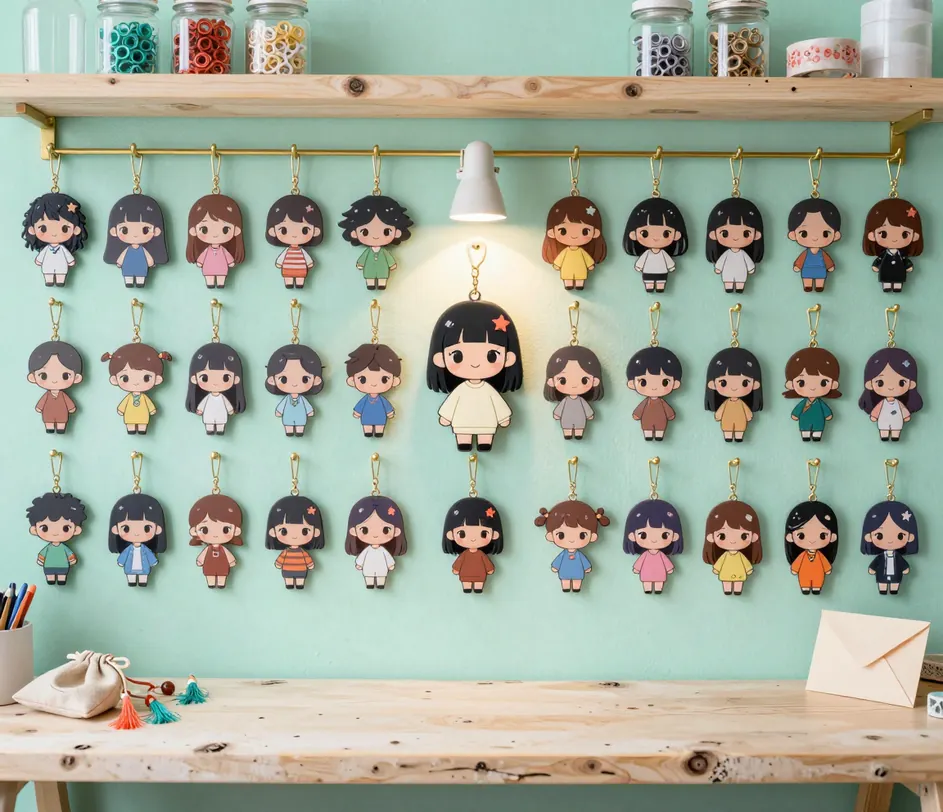En mintfarvet studievæg med messingstang dækket af akryl-chibi-charms af mange forskellige karakterer, én charm oplyst i midten