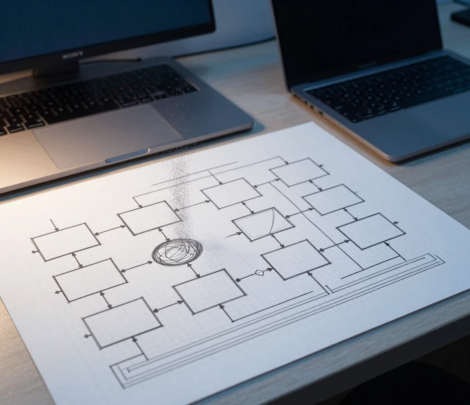 مكتب مهندس أنظمة مدمجة تحت إضاءة باردة ودافئة ممتزجة، وصفحة مرسومة بالقلم الرصاص لرسوم بوابات هندسية تنساب عبر تيار جسيمات لتصبح مخطط دائرة منطقية معاد رسمه، مع حاسوب محمول مغلق على حافة المكتب