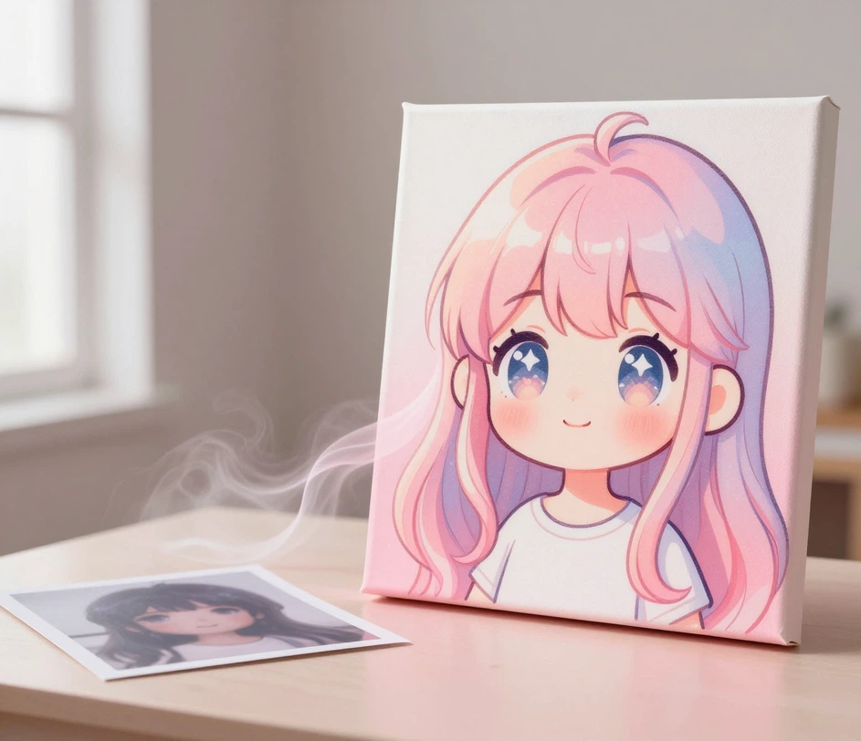 Una foto ritratto e la sua versione avatar kawaii affiancate, con i tratti del volto preservati e ridisegnati con grandi occhi scintillanti e ombreggiature pastello morbide