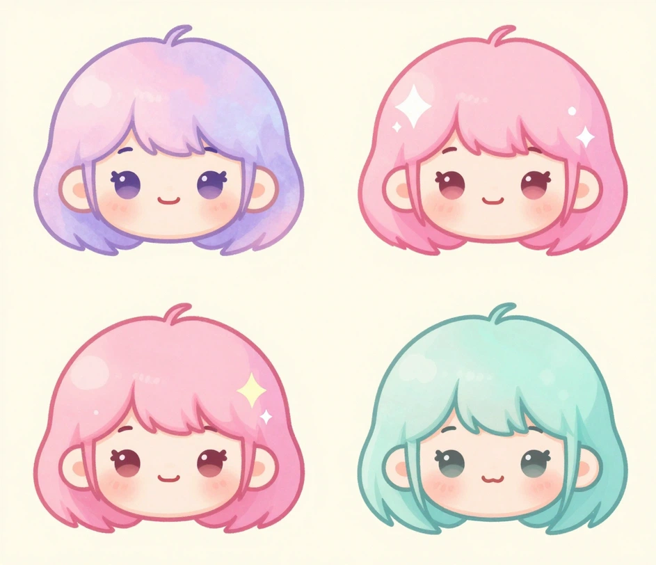 Quattro varianti di avatar carini della stessa persona in stili diversi, dal pastello ad acquerello alle proporzioni chibi, disposte in fila