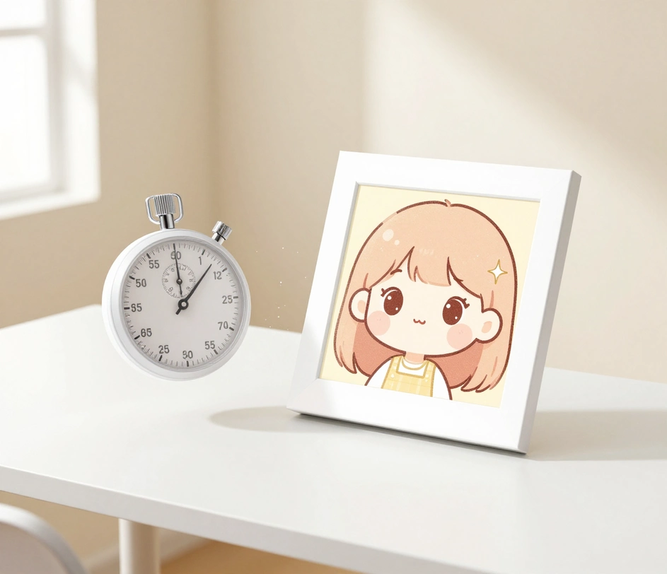Un timer di generazione accanto a un avatar kawaii finito, con un ritratto pastello completato e consegnato in meno di dieci secondi