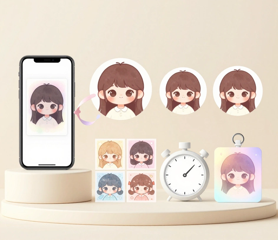 Tre pannelli che mostrano il flusso di un avatar carino: caricamento di un ritratto, trasferimento automatico dello stile kawaii con colori pastello e avatar finito esportato in risoluzione 3K