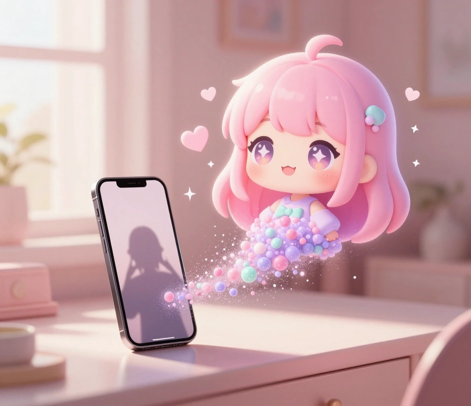 Una foto ritratto che si trasforma in un avatar carino kawaii con grandi occhi scintillanti, colori pastello morbidi e tratti dolci e arrotondati, con cuoricini e scintille a collegare le due versioni