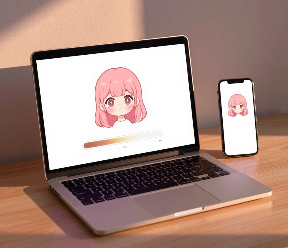 Un avatar kawaii finito scaricato come file PNG, mostrato accanto ad anteprime di foto profilo circolari per tre piattaforme