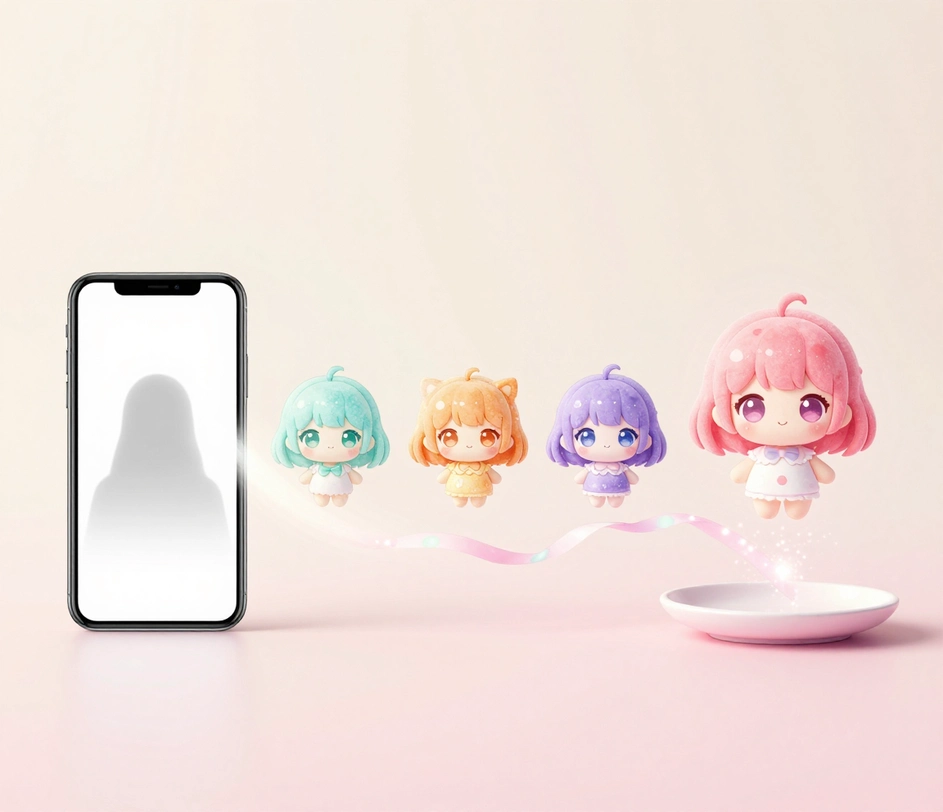 Una guida visiva in tre passaggi: carica un ritratto, descrivi lo stile carino e scarica l'avatar kawaii finito