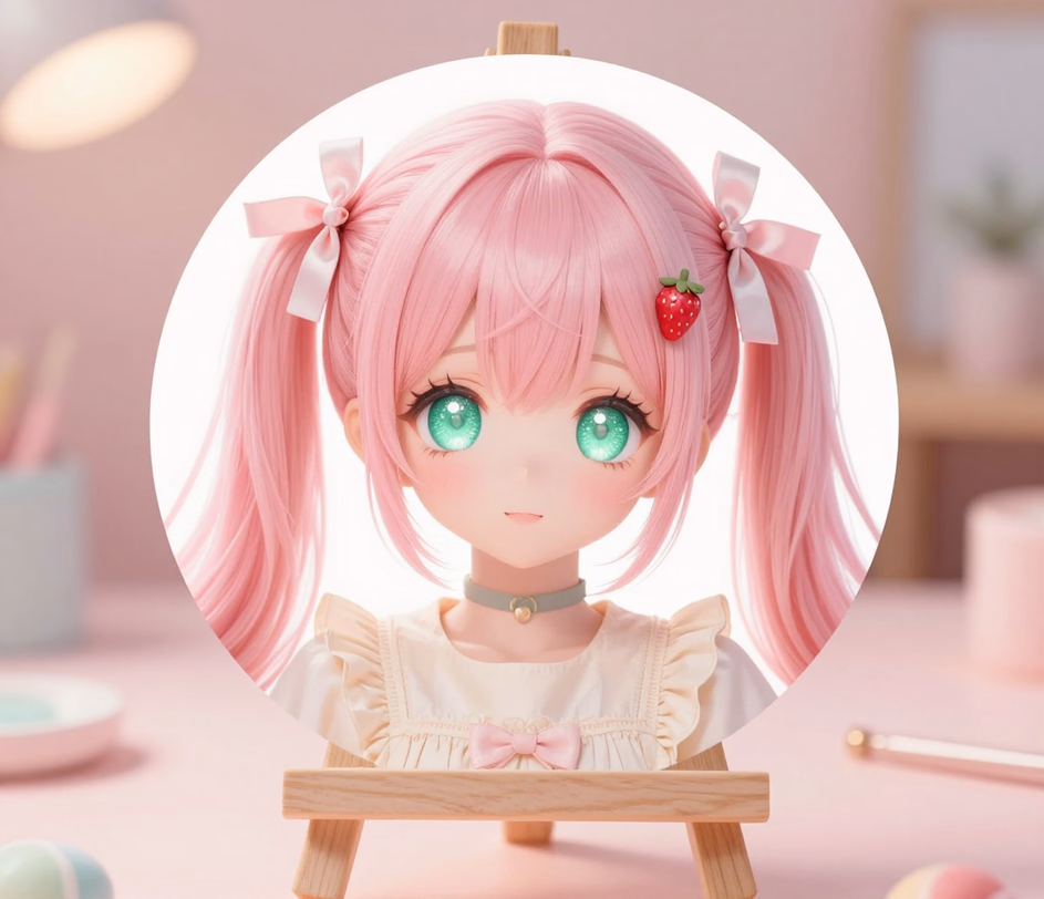La stessa stampa di avatar kawaii con scintillio da gioiello e dettaglio macro intricato, che illustra l'output pronto per la stampa fino a 3072 px del livello Master