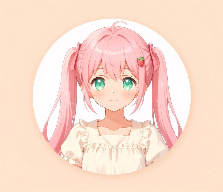 Una stampa di avatar kawaii circolare di una ragazza con codine rosa, ombreggiatura pastello morbida e delicati scintillii, che illustra l'output fino a 2048px del livello Standard per 18 crediti