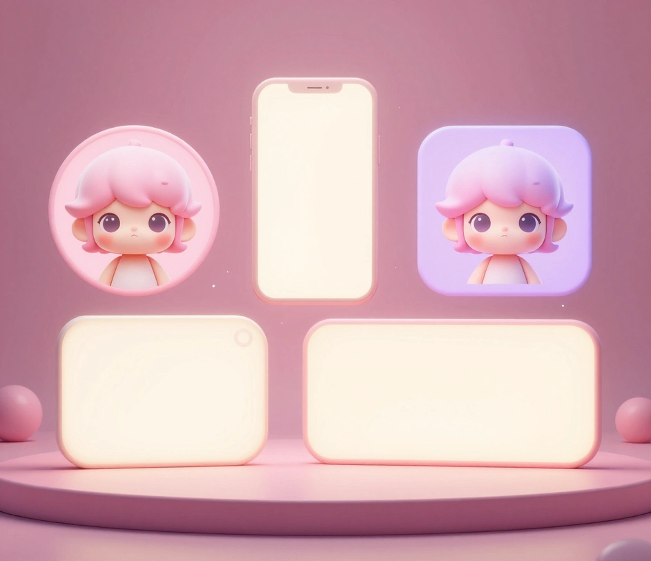 Un avatar kawaii carino mostrato in quattro cornici di profilo — Instagram, Discord, TikTok e un'app di messaggistica — in uno stile pastello coerente