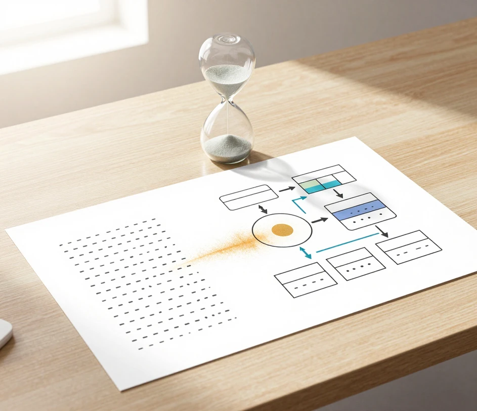 Un espace de travail en douce matinée où une fiche de description de processus caviardée sans texte et un fin sablier reposent à côté d'une impression terminée de diagramme de flux de données avec bulles de processus, magasins de données et flèches de flux étiquetées, capturant le rendu d'environ 6 secondes