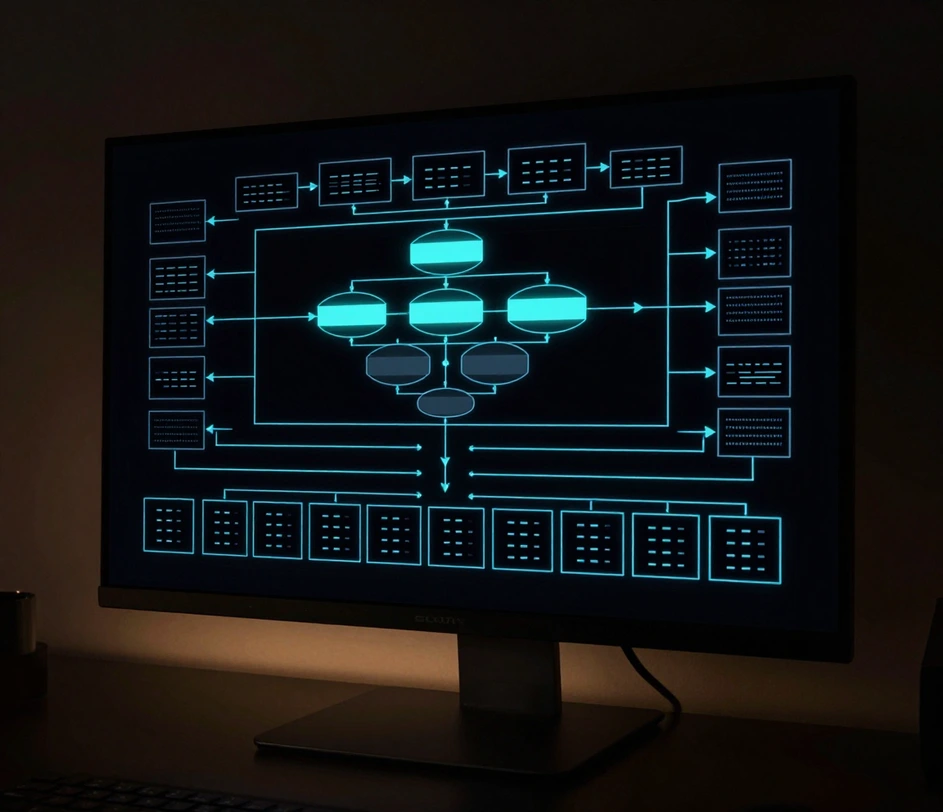 Un diagramme de flux de données en couches présenté sous forme de tracés lumineux en mode sombre sur un écran sans bordure, avec des formes d'entités aux angles vifs cerclant la périphérie, des bulles de processus circulaires au centre et des magasins de données ouverts le long de la base, reliés par des flèches étiquetées proprement routées