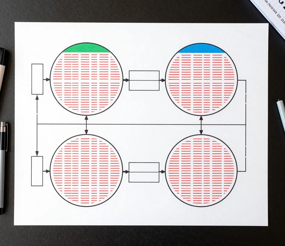Une vue de dessus d'une impression surdimensionnée contenant un DFD de décomposition de niveau 1 avec quatre sous-processus et des magasins de données partagés disposés en rangées régulières, reliés par des flèches de flux étiquetées traçables sur toute la feuille