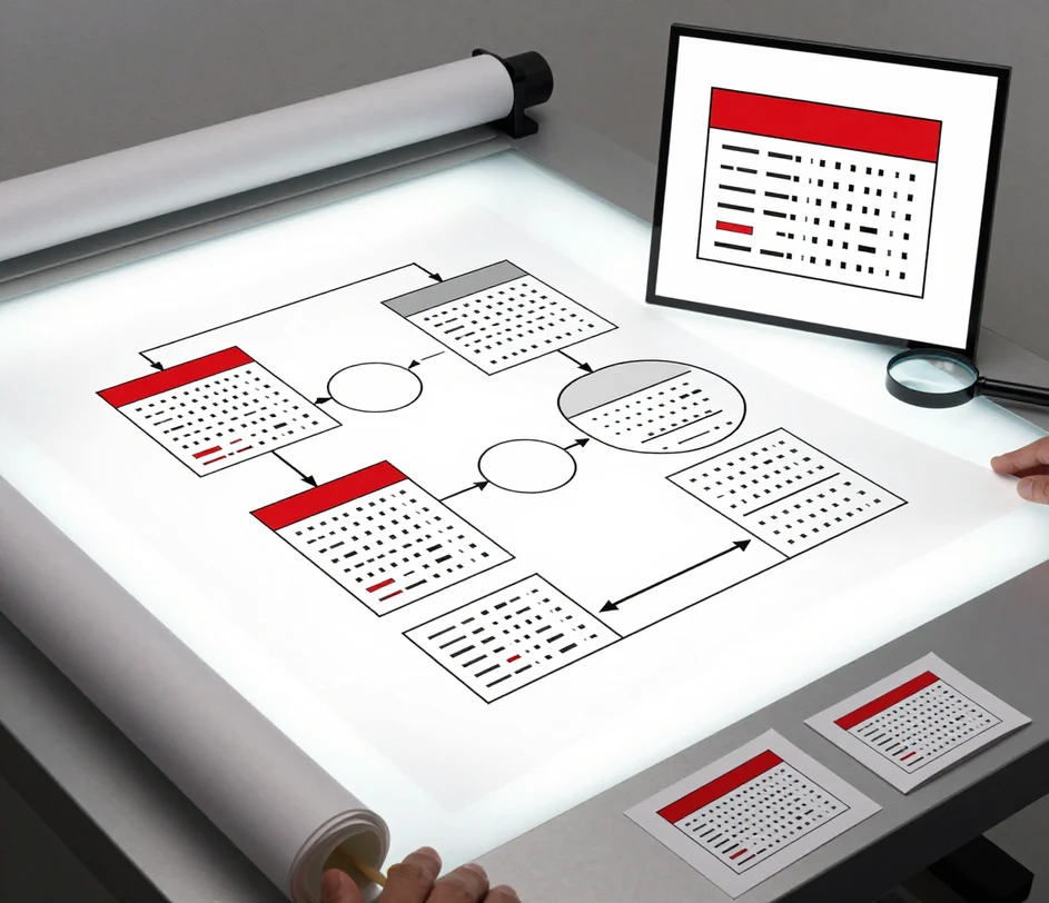 Une impression de diagramme de flux de données grand format sur une table lumineuse avec un recadrage de détail flottant révélant des étiquettes de processus et des flèches de flux d'une netteté extrême au zoom, témoignant d'une qualité d'exportation prête pour la présentation