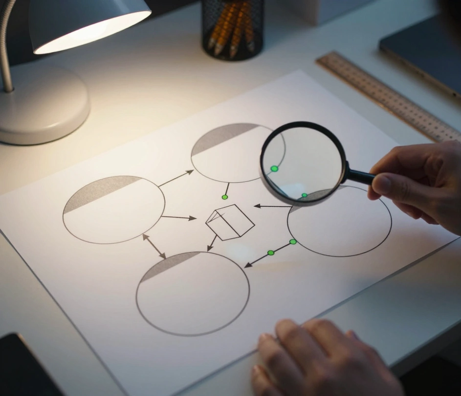 Un bureau de révision où une impression terminée de diagramme de flux de données avec bulles de processus et magasins de données repose à côté d'une loupe mettant en évidence des flèches de flux correctement routées et des limites de notation