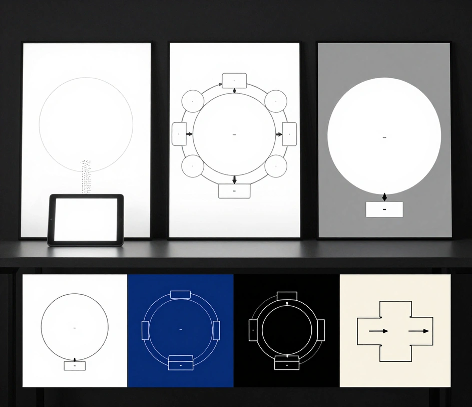 Une galerie de fonctionnalités à quatre piliers sur un bureau de studio sombre montrant la vitesse texte-vers-diagramme avec une impression DFD encadrée alimentée par des particules, un diagramme en couches avec des formes cerclant la périphérie, un macro de bulles de processus circulaires et de formes de magasins ouvertes, et un diagramme simple en quatre traitements de couleur du blanc épuré au blueprint et au sombre