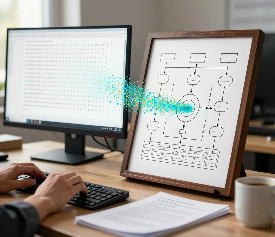 Une analyste métier tapant une description de processus sur un bureau baigné de lumière du jour tandis qu'un flux de particules s'échappe de l'écran vers une illustration encadrée de diagramme de flux de données avec des bulles de processus circulaires, des magasins de données ouverts sur le côté et des flèches de flux directionnelles étiquetées