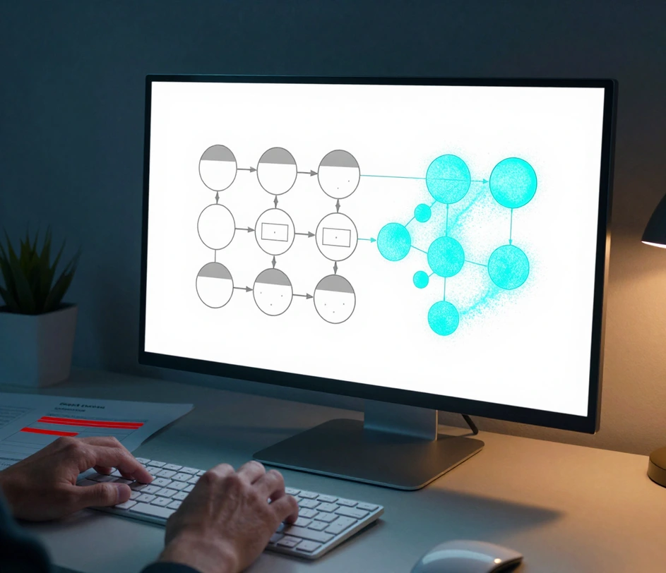 Une installation de bureau nocturne où une tablette dressée affiche un diagramme de flux de données à moitié rendu avec bulles de processus et flèches de flux étiquetées et à moitié encore en énergie de particules, des mains posées sur un clavier vierge à côté de la page de description sans texte