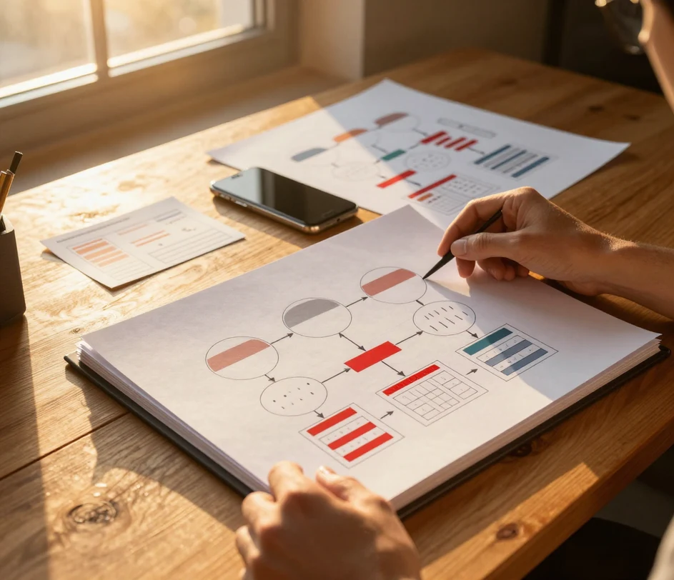 Un bureau à l'heure dorée où des mains glissent une impression terminée de diagramme de flux de données grand format avec processus et magasins de données étiquetés dans un classeur d'exigences ouvert, un smartphone avec lien partageable reposant à côté d'une seconde copie