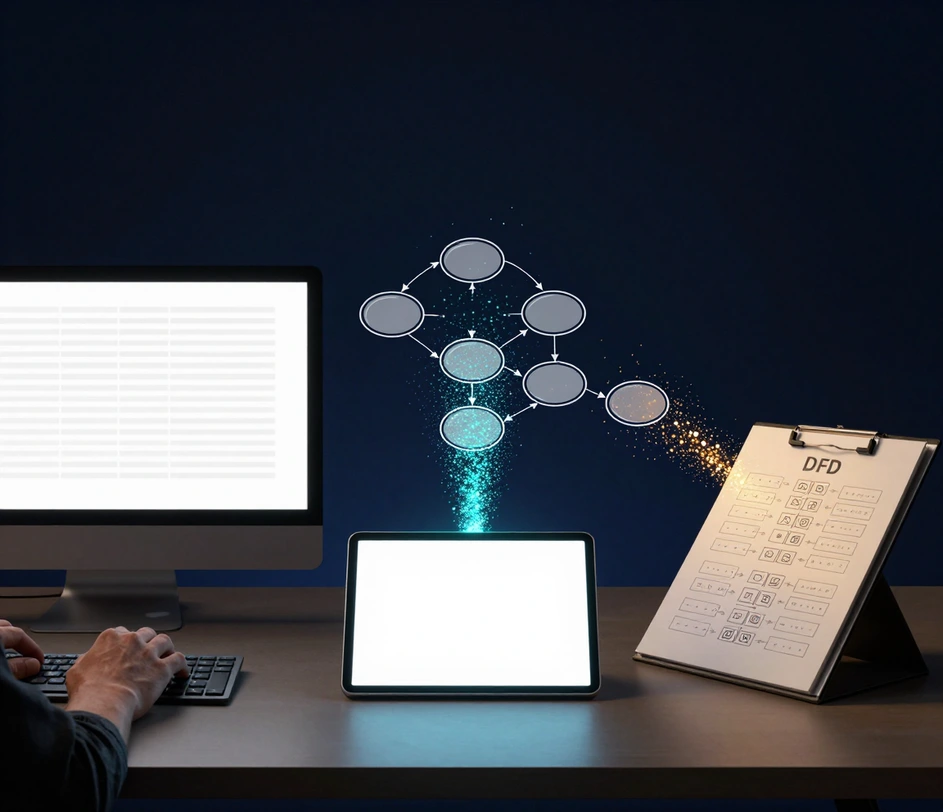 Un parcours de création en trois étapes sur un bureau d'analyste : des mains tapant une description de processus, une tablette projetant des particules vers un diagramme de flux de données à demi formé, et l'impression terminée glissant dans un classeur d'exigences