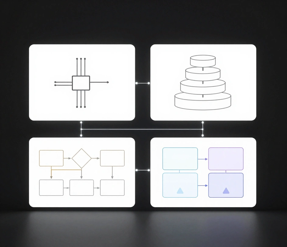 Une galerie de produits de quatre modules de diagrammes sans texte sur des cartes blanches flottantes — un schéma de circuit minimaliste, une pile d'architecture à quatre niveaux, un organigramme avec losanges de décision et un diagramme de classes UML — reliés par des fils lumineux sur un plan sombre