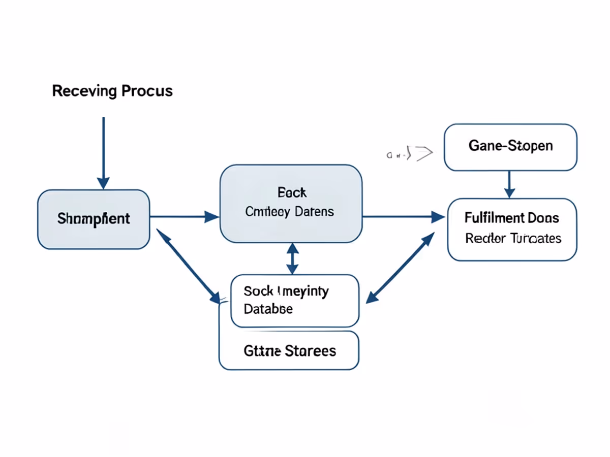Un diagramme de flux de données dense de pipeline d'inventaire avec des étiquettes de processus plus petites et plus nettes, un routage de flux stable et des magasins de données clairement séparés en résolution 2K