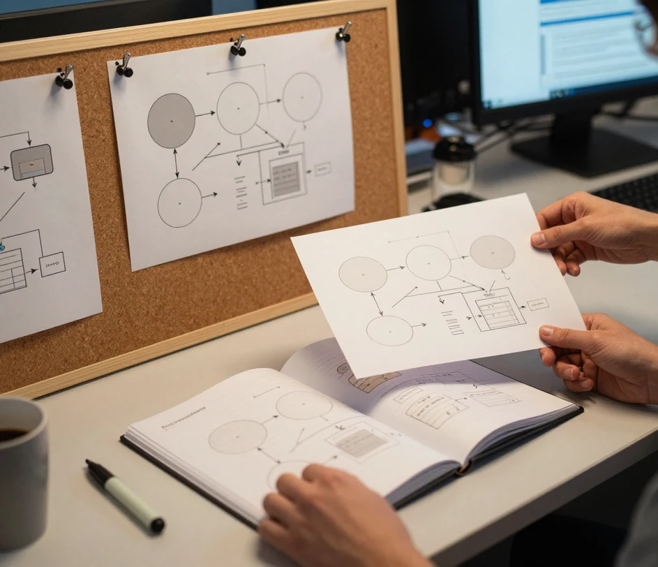 Un bureau de documentation d'analyste où des illustrations imprimées de diagrammes de flux de données circulent entre un panneau de liège à épingles, un classeur d'exigences ouvert et une paire de mains en pleine révision, avec la lueur douce d'un écran de présentation en arrière-plan