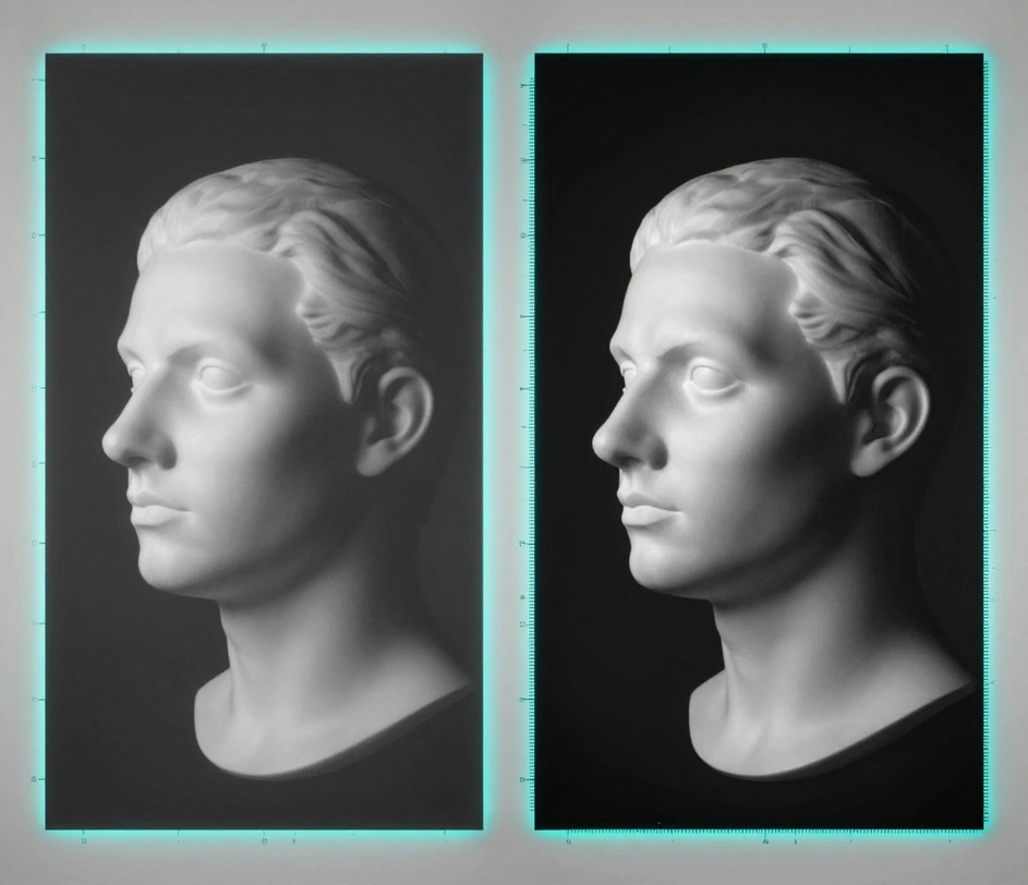 A grayscale depth map showing per-pixel tonal separation between near and far surfaces at up to 2048 pixels long edge