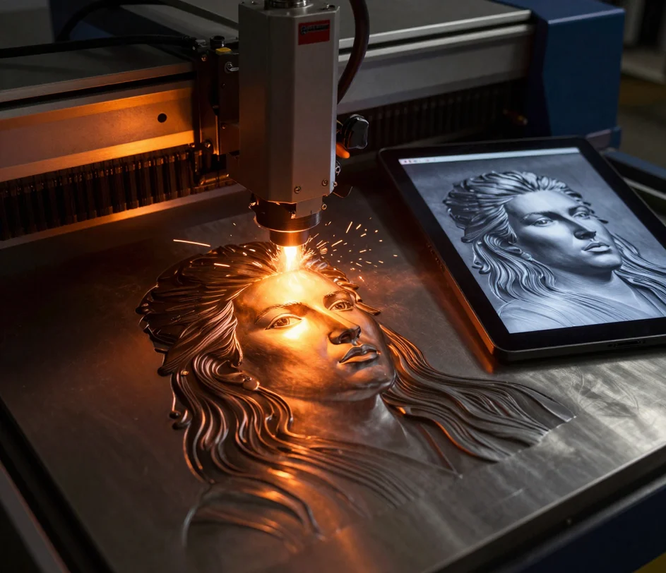 An engraving-ready grayscale relief depth map with layered dark tones, ready to load into laser engraving software as a PNG