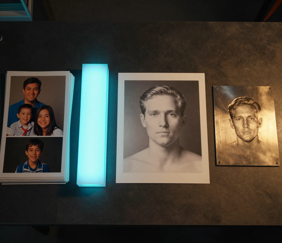 A grayscale depth map generated from a single photograph, with bright foreground subjects and dark background areas showing smooth per-pixel depth transitions for engraving and 3D workflows