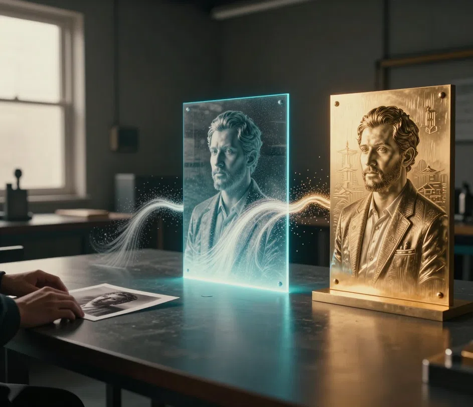 An uploaded photograph transforming into a finished grayscale depth map in three steps, with the final output ready for 3D and engraving software