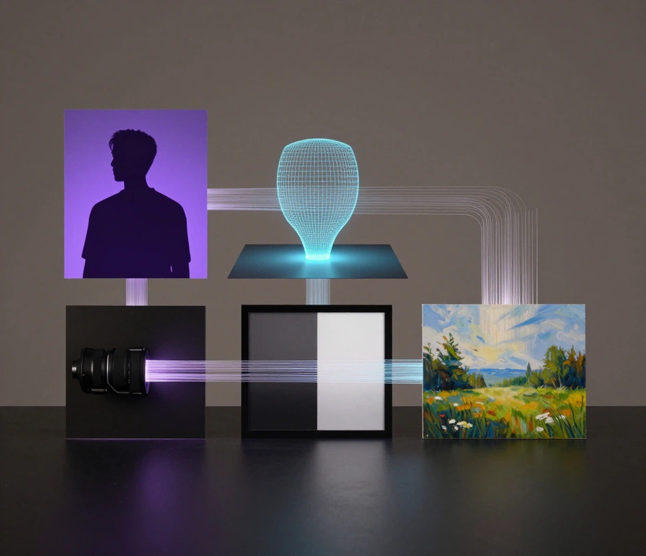 A collection of complementary AI image tools shown together, including background removal, image to 3D model conversion, and AI photo editing