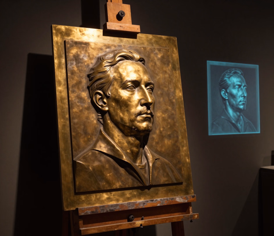 A portrait beside its AI relief depth map, with the subject rendered bright against a removed dark background for metal relief engraving at up to 2048 pixels