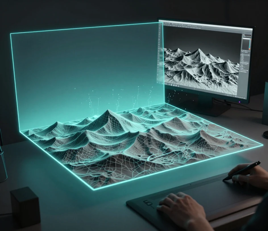 A 3D viewport showing a displacement-mapped mesh generated from a depth map with vertex displacement visible on terrain geometry and a texture overlay applied to the surface