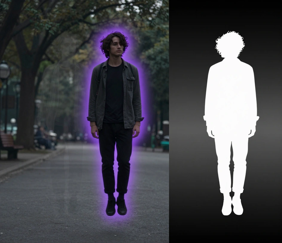 An image segmentation result showing a subject cleanly separated from a complex background using depth map data with visible edge detail preserved along hair and foliage