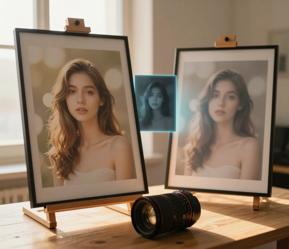 A before-and-after comparison showing a portrait photo with sharp background transformed into a smooth bokeh blur using AI-generated depth map separation at pixel-level precision