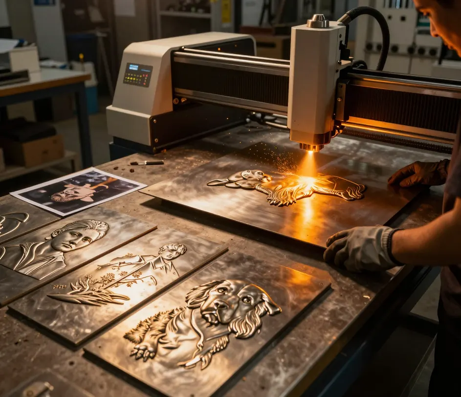 A grayscale relief depth map generated from a portrait photo for laser engraving, with layered tones that map to engraving depth on a metal plate