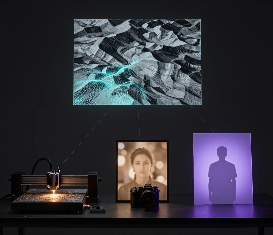 Four depth map workflows shown together: laser engraving relief, 3D mesh displacement, portrait bokeh, and background separation, each generated from a single photo