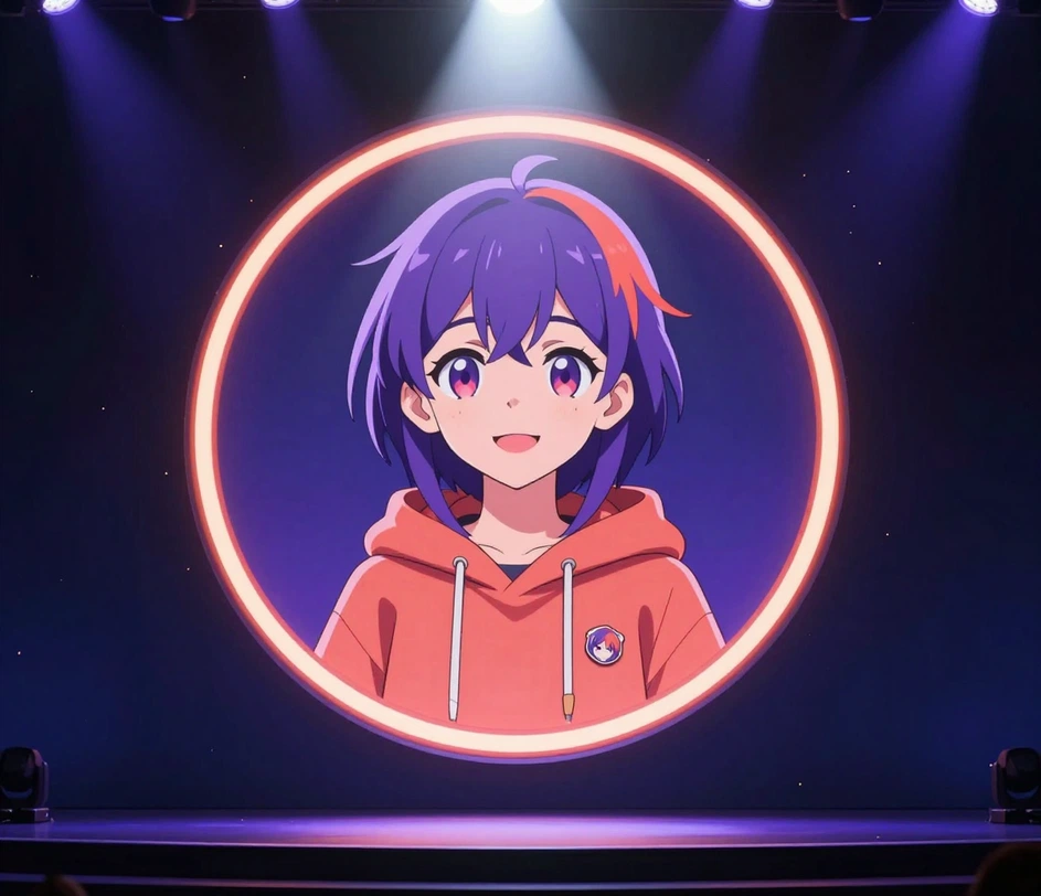 A finished stylized anime avatar unveiled in a large circular frame under a bright spotlight, traced by coral rim light and golden shimmer particles