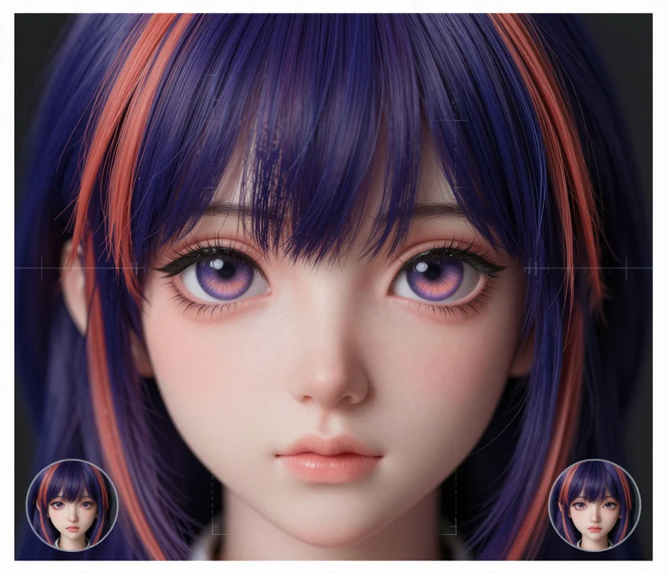 A macro close-up of a stylized anime avatar's eye and individually rendered hair strands showing 4096px-grade detail beside a thumbnail-sized copy