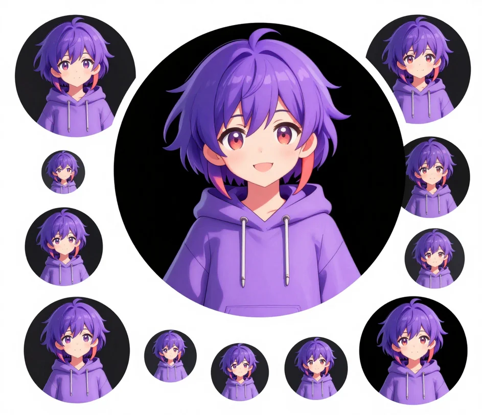 The same stylized anime avatar repeated in circular frames shrinking from a large ring down to a tiny 128-pixel thumbnail, staying legible at every size