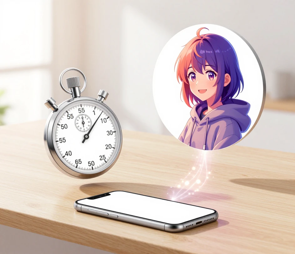 A finished avatar portrait beside a blank stopwatch on a bright morning desk, symbolizing the under-thirty-second run from upload to download