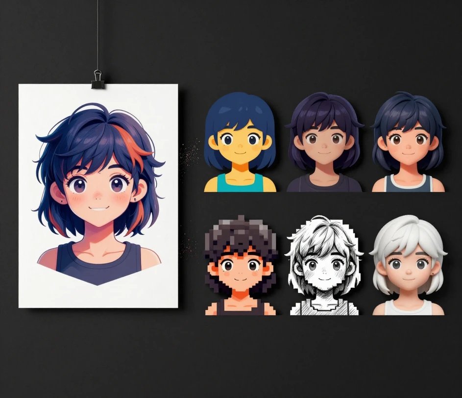One source portrait transforming into five avatar styles — anime, cartoon, pixel art, sketch, and 3D render — displayed side by side for comparison