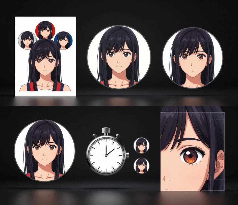 A dark-studio feature gallery showing five art-style variants, multi-size circular crops, a stopwatch, and macro detail panels side by side