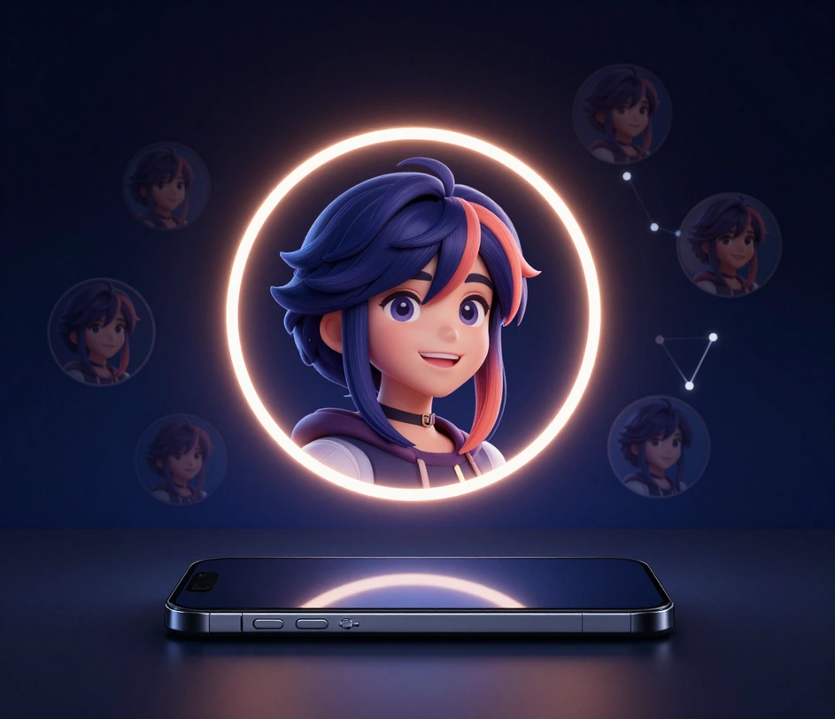 A finished stylized anime avatar floating in a glowing circular frame above a smartphone, orbited by smaller member-avatar circles in deep indigo night lighting