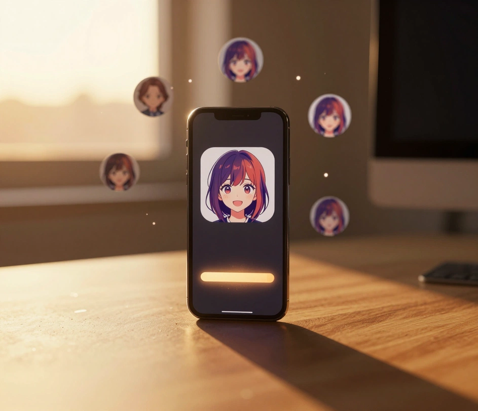 A finished anime avatar on a standing phone screen with a completed download bar glowing in warm golden-hour light