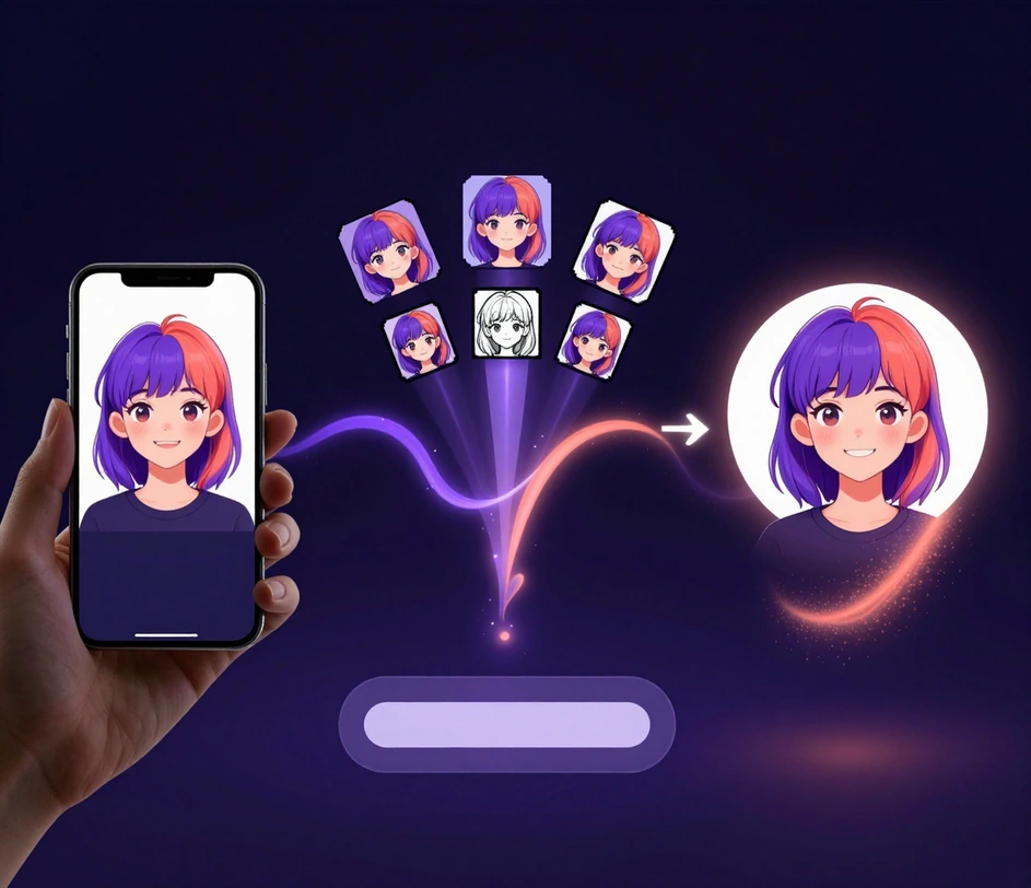 A three-stage journey from an uploaded selfie on a phone through hovering style thumbnails to a finished circular avatar, linked by an indigo particle stream