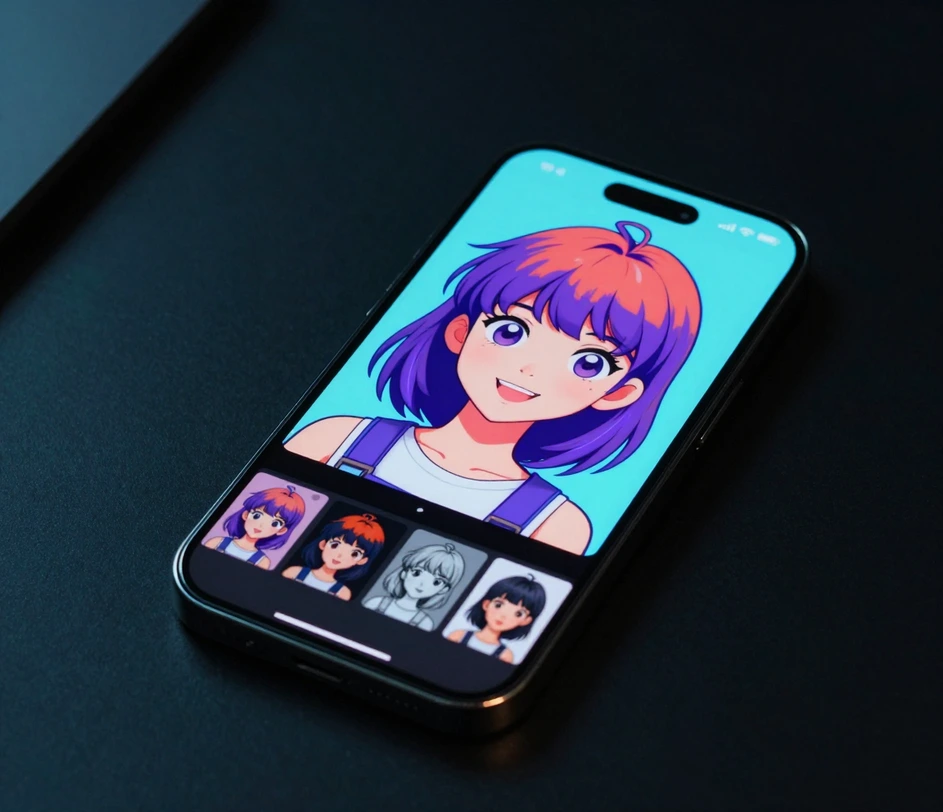 A phone screen with a selected anime avatar glowing beside four dimmed cartoon, pixel art, sketch, and 3D render thumbnails